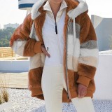 Women Fall Winter Fuzzy Patchwork Zip Pocket Hooded Coat