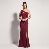 Women Beaded Floral One Shoulder Tassel Chain Slit Mermaid Evening Dress