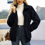 Women Fall Winter Zip Stand Collar Jacquard Plaid Coat