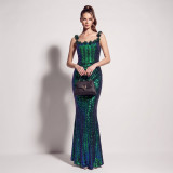 Women Iridescent Sequin Floral Spaghetti Strap Backless Mermaid Formal Party Evening Dress
