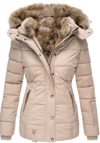 Women Winter Fur Collar Zip Long Sleeve Hooded Coat