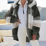 Women Fall Winter Fuzzy Patchwork Zip Pocket Hooded Coat