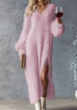 Women Fall Winter V-Neck Button Slit Dress