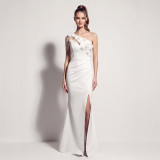 Women Beaded Floral One Shoulder Tassel Chain Slit Mermaid Evening Dress