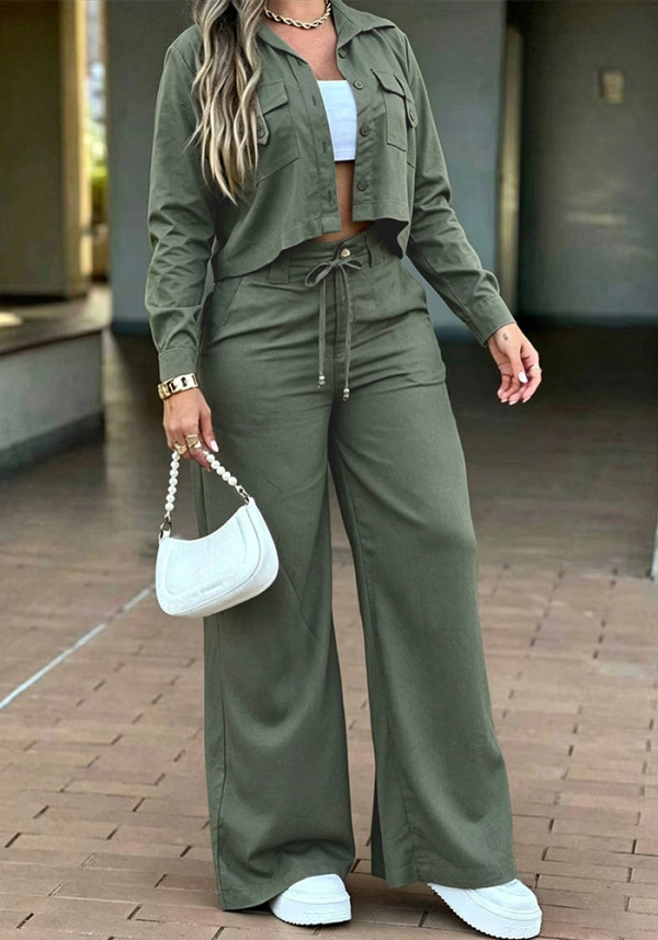 Women Solid Casual Stand Collar Pocket Long Sleeve Top & Pants Two Piece Set