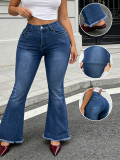 Women Washed Raw Hem Bell Bottom Denim Pants