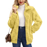 Women Fall Winter Zip Stand Collar Jacquard Plaid Coat