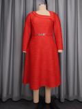 Plus Size Women Red Slash Shoulder Rhinestone Waist Belt Long Sleeve Dress