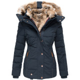 Women Winter Fur Collar Zip Long Sleeve Hooded Coat
