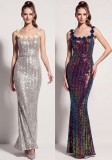 Women Iridescent Sequin Floral Spaghetti Strap Backless Mermaid Formal Party Evening Dress