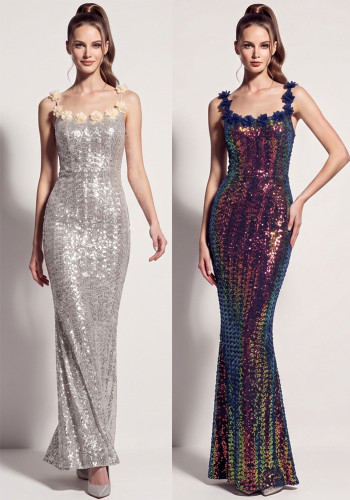 Women Iridescent Sequin Floral Spaghetti Strap Backless Mermaid Formal Party Evening Dress