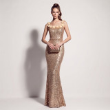 Women Iridescent Sequin Floral Spaghetti Strap Backless Mermaid Formal Party Evening Dress