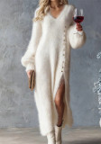 Women Fall Winter V-Neck Button Slit Dress