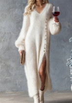 Women Fall Winter V-Neck Button Slit Dress Women Fall Winter V-Neck Button Slit Dress