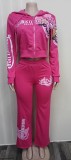 Women Printed Zipper Hoodies & Bell Bottom Pant Two Piece Set