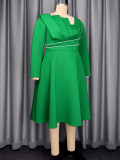 Plus Size Women Pearl Trim Long Sleeve Elegant Dress