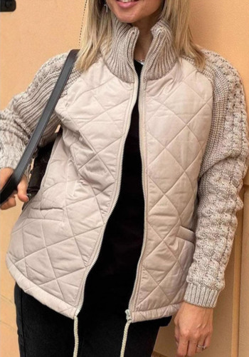 Women Fall Winter Zip Long Sleeve Stand Collar Plaid Jacquard Coat
