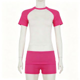 Women Casual Raglan Color Block Short Sleeve Top Shorts Headband Three Piece Set