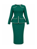 Plus Size Women Pearl Trim Long Sleeve Elegant Formal Party Dress