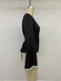 Women Fall Winter Tie Patchwork Ruffle Long Sleeve Boat Neck Shirt