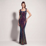 Women Iridescent Sequin Floral Spaghetti Strap Backless Mermaid Formal Party Evening Dress