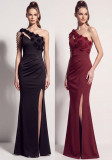 Women Beaded Floral One Shoulder Tassel Chain Slit Mermaid Evening Dress