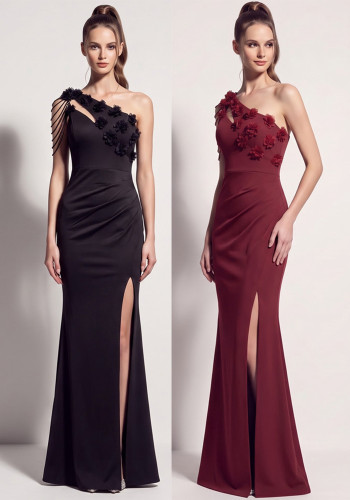 Women Beaded Floral One Shoulder Tassel Chain Slit Mermaid Evening Dress