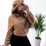 Women Fall Winter Fuzzy Bunny Ear Hooded Sweater