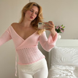 Women Fall Winter Sexy V-Neck Bow Top