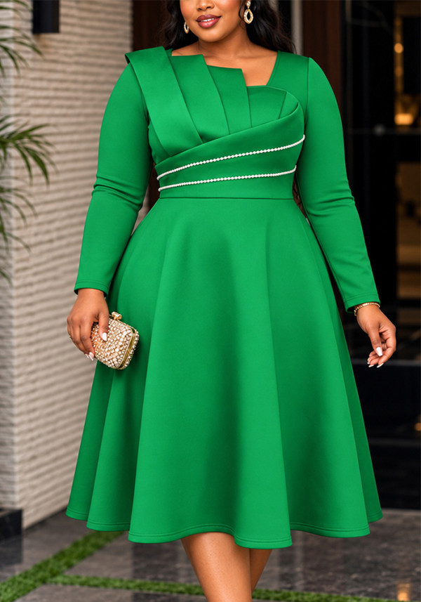 Plus Size Women Pearl Trim Long Sleeve Elegant Dress