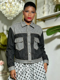 Women Color Block Patchwork Turndown Collar Stitched Cargo Denim Jacket