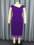 Plus Size Women Asymmetrical Neck Sleeveless Tassel Elegant Prom Dress