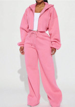 Women Hot Pink Zip Hoodies & Wide Leg Sweatpants Two Piece Set Women Hot Pink Zip Hoodies & Wide Leg Sweatpants Two Piece Set