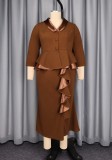 Plus Size Women Turndown Collar 3/4 Sleeve Ruffle Hem Top & Mermaid Skirt Two Piece Set