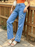 Women Fall American Star Patch Embroidery Denim Pants