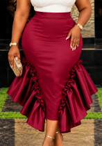 Plus Size Women Burgundy Ruffle Irregular Mermaid Bodycon Skirt Plus Size Women Burgundy Ruffle Irregular Mermaid Bodycon Skirt