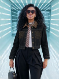 Women Color Block Leopard Collar Rivet Pocket Denim Jacket