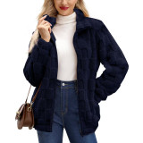 Women Fall Winter Zip Stand Collar Jacquard Plaid Coat