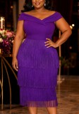 Plus Size Women Asymmetrical Neck Sleeveless Tassel Elegant Prom Dress