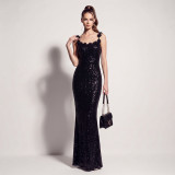 Women Iridescent Sequin Floral Spaghetti Strap Backless Mermaid Formal Party Evening Dress