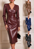 Women V-Neck Long Sleeve Pu-Leather Dress