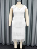 Plus Size Women Asymmetrical Neck Sleeveless Tassel Elegant Prom Dress