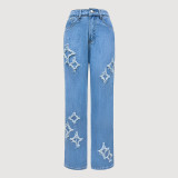 Women Fall American Star Patch Embroidery Denim Pants