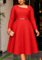 Plus Size Women Red Slash Shoulder Rhinestone Waist Belt Long Sleeve Dress Plus Size Women Red Slash Shoulder Rhinestone Waist Belt Long Sleeve Dress