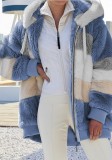 Women Fall Winter Fuzzy Patchwork Zip Pocket Hooded Coat