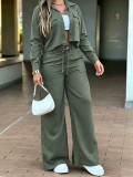 Women Solid Casual Stand Collar Pocket Long Sleeve Top & Pants Two Piece Set