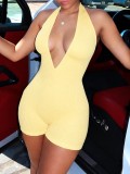 Women Halter Neck V Neck Backless Lace-Up Romper