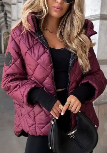 Women Fall Winter Diamond Quilted Hooded Padded Coat