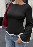 Women Fall Winter Tie Patchwork Ruffle Long Sleeve Boat Neck Shirt