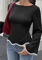 Women Fall Winter Tie Patchwork Ruffle Long Sleeve Boat Neck Shirt Women Fall Winter Tie Patchwork Ruffle Long Sleeve Boat Neck Shirt